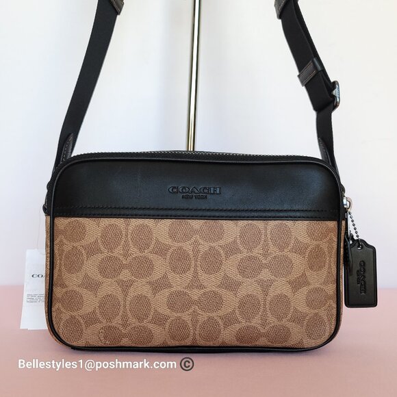 COACH Unisex Graham Signature Canvas & Leather Crossbody Bag -Tan/Black color 🎈